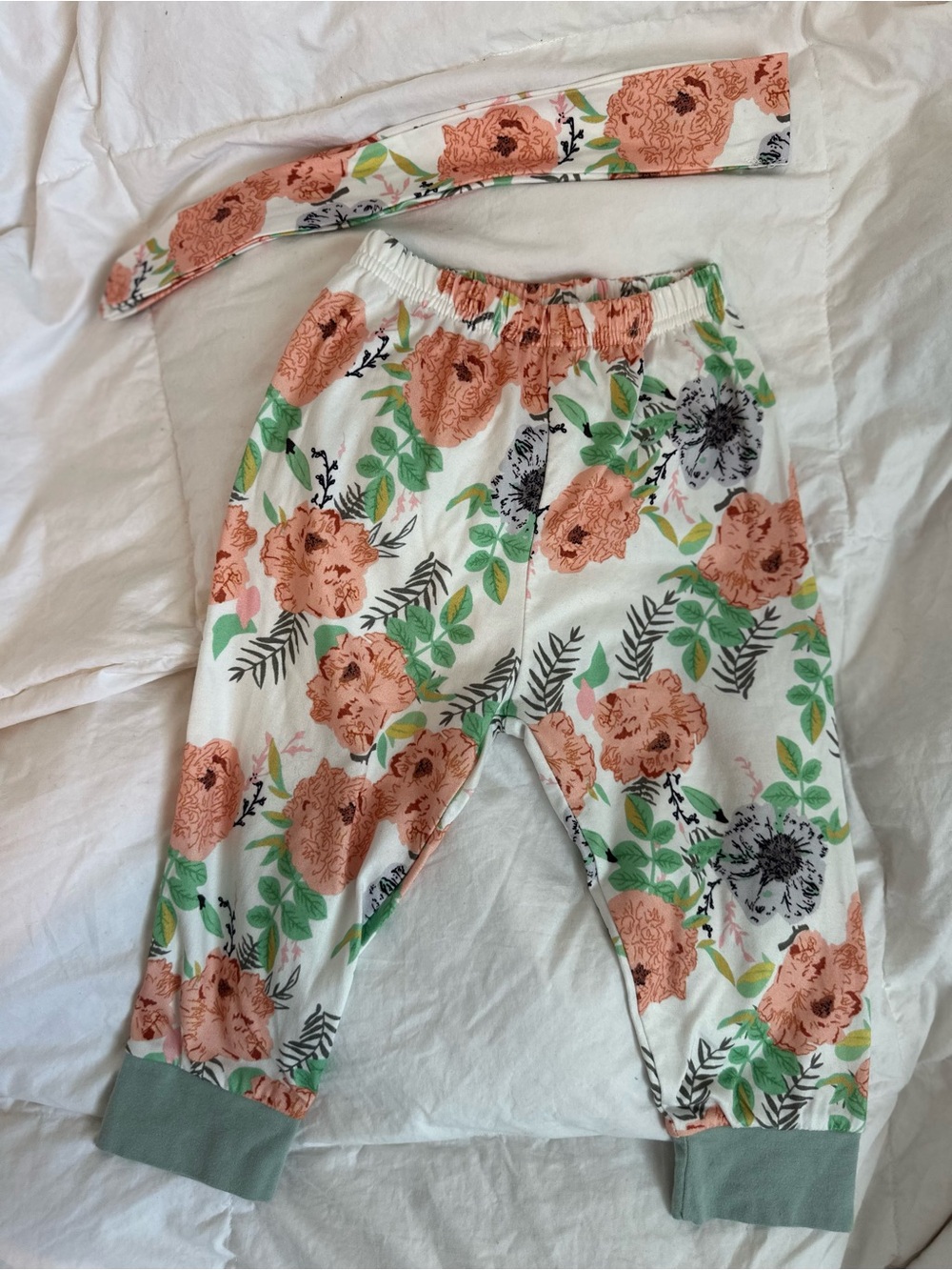 Floral infant stretchy 100% cotton pants with matching headband that ties